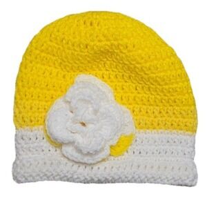 Beanie Crochet Handmade Flower Hat Women's OS‎ Yellow White Knit NEW